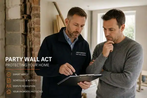 Party wall surveyor Thatcham discussing extension plans with homeowner outside a UK semi-detached house.